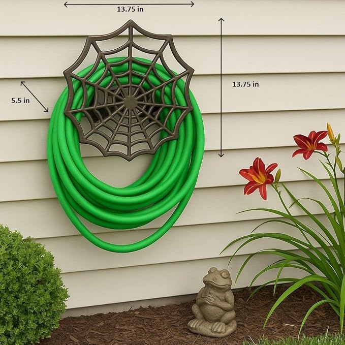 XL Cast Iron Spider Web Hose Holder, Bronze Finish, Heavy-Duty Wall Mounted Garden Hose Hanger, Weather Resistant Decorative Outdoor Hose Storage, Easy Install, Patio Decor, 13.75 Inch Diameter