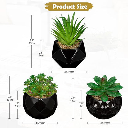 Briful Artificial Succulents Plants in Ceramic Pots, 3 Pack Faux Succulent Set with Black Geometric Planters – Modern Desk Decor for Home Office Shelf Bathroom, Small Fake Plants Potted