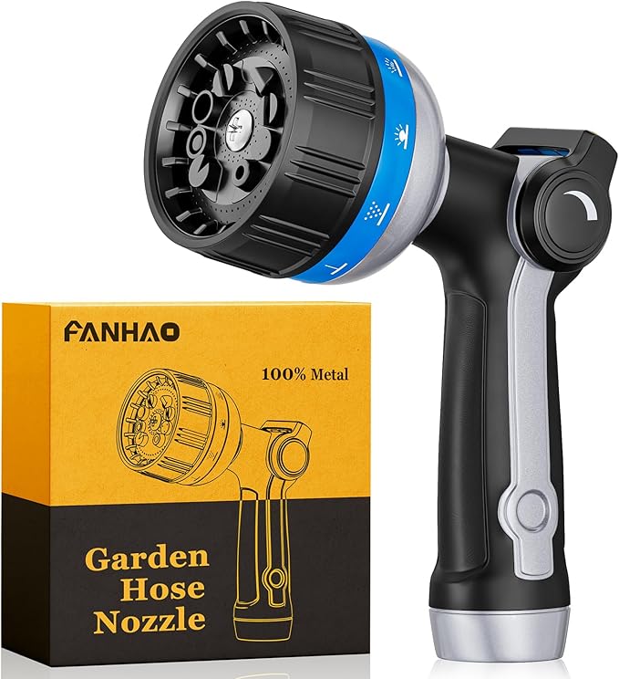 FANHAO Heavy Duty Garden Hose Nozzle, Metal Water Hose Sprayer with 10 Spray Patterns, Thumb Control, On Off Valve, High Pressure Water Nozzle for Plants Watering, Car and Pet Washing, Blue