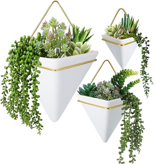 3 Sets Ceramic Wall Hanging Planters Indoor 3 Size Geometric Hanging Planters for Indoor Plants Self Watering Pots with Metal Holder for Air, Cactus, Faux Plants and Home Office Decor