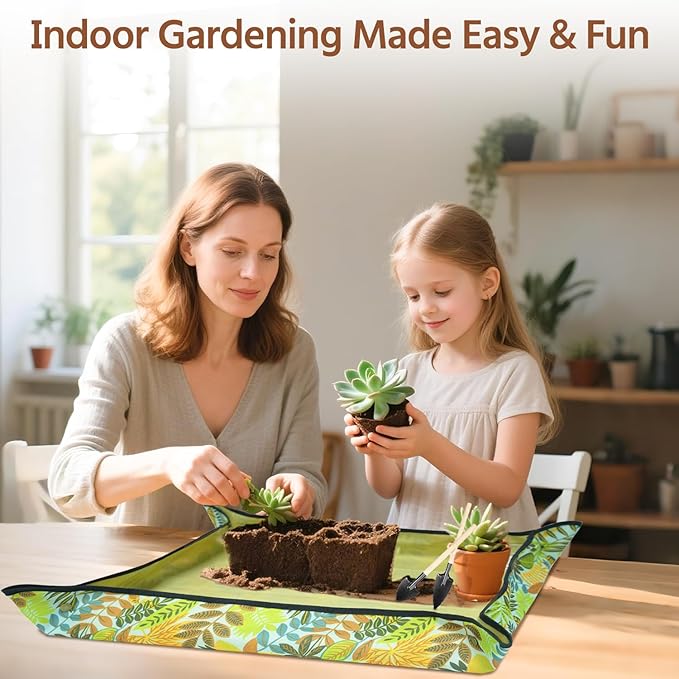 LASZOLA 45 pcs Repotting Set with Potting Mat Tiny Tools for Indoor Plants Succulents, Gardening Bag Kit with Waterproof Tray and Mini Tools, Ideal for Soil Replacement Seedling Transplanting, Yellow