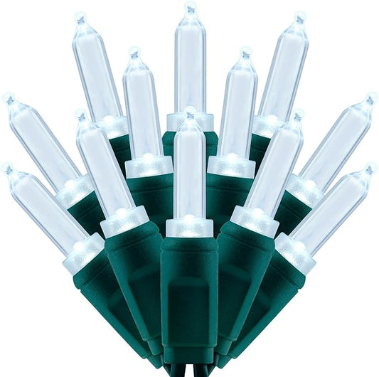 100 Cool White One-Piece LED Christmas Lights, 33 ft Green Cord High Waterproof UL Certified T5 Outdoor String Lights (Cool White)