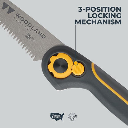 Woodland Tools Duralight Folding Saw – Curved Pruning Saw with Hardened Steel Blade, 3-Position Lock, Soft Grip Handle – Manual Tool for Tree Trimming, Branch Cutting, and Yard Work