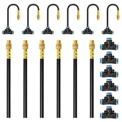 360° Adjustable Drip Irrigation Nozzles Suitable for 1/4 inch Pipes Only 6 Flexible Misting Copper Nozzles and 6 Three-Way Quick Connects
