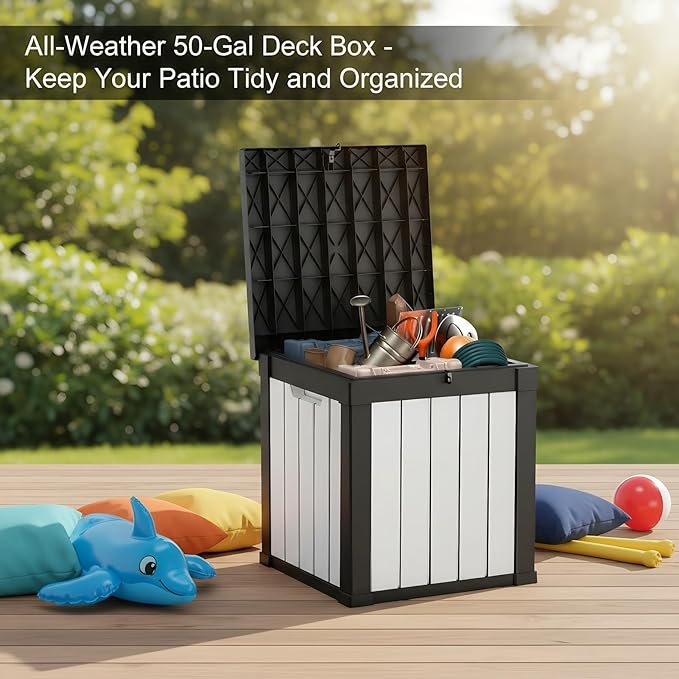 50 Gallon Lockable Deck Box, Waterproof Storage for Toys, Holiday Decor, Patio Cushions & More, All-Weather Heavy-Duty Organization Chest End Clutter