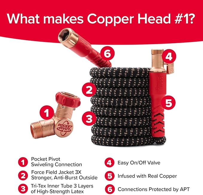 Pocket Hose Copper Head w/New Pocket Pivot Expandable Garden Hose 100FT, AS SEEN ON TV, Swivels 360°, Advanced Tri-Tex Tubing & Force Field Jacket, 3X Stronger, Lead-Free, No-Kink, Anti-Burst w/APT