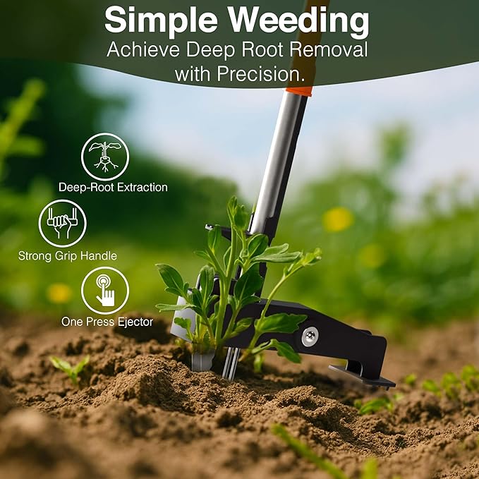 Manual Stand Up Weed Puller Tool with Long Handle | Heavy Duty 4-Claw Steel Head Weeder for Root Removal | Ergonomic Weeding Tool for Dandelion, Lawn, Yard & Garden Maintenance