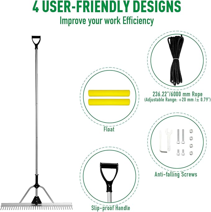 Floating Lake Rake, 36" Head Aluminum Landscape Rake with 103" Adjustable Handle, 20FT Rope & Float, Weed & Algae Removal of Leaves, Floating Scum