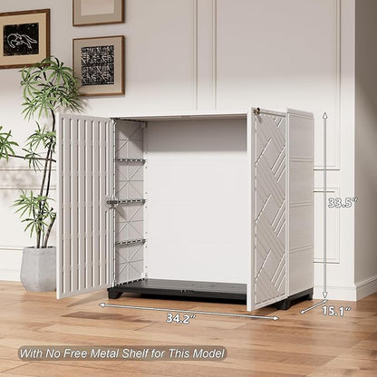 HOMSPARK Indoor/Outdoor Storage Cabinet with Doors, 34”x15”x34” HDPE Plastic Storage Box for Bedroom, Bathroom, Living Room, Balcony, Multi-Purpose for Daily Tools, White