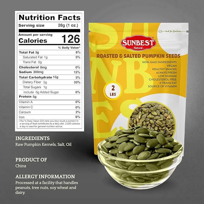 Sunbest Natural Raw Pumpkin Seeds, 2 lbs – Salted & Shelled – Whole Pepitas, Roasted – Ready to Eat, Non-GMO, Vegan, Kosher – Nutritious Snack for On-the-Go & Recipes