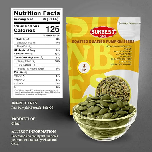 Sunbest Natural Raw Pumpkin Seeds, 2 lbs – Salted & Shelled – Whole Pepitas, Roasted – Ready to Eat, Non-GMO, Vegan, Kosher – Nutritious Snack for On-the-Go & Recipes