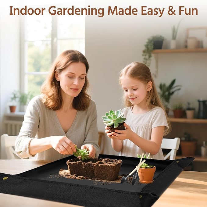 LASZOLA 45 pcs Repotting Set with Potting Mat Tiny Tools for Indoor Plants Succulents, Gardening Bag Kit with Waterproof Tray and Mini Tools, Ideal for Soil Replacement Seedling Transplanting, Black