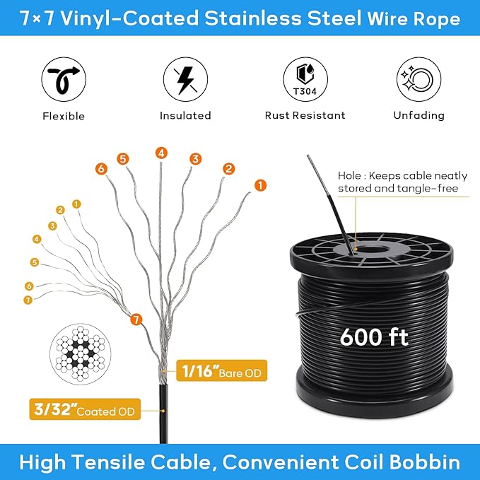 String Light Hanging Kit with 600FT Vinyl Coated Stainless Steel 304 Wire Rope Suspension Kit Included Enough Accessories with Turnbuckles and Hooks for Patio, Garden and Wedding Lighting