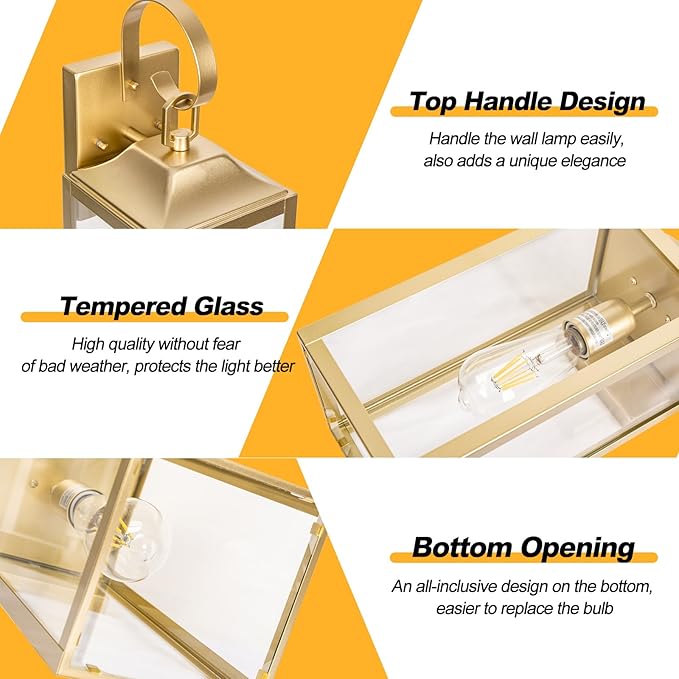 Large Outdoor Wall Lantern 19", Gold Outside Farmhouse Wall Sconce Light Fixture, Industrial Wall Mount Light with Glass, Waterproof Modern Porch Lighting Exterior Lamp for House Garage