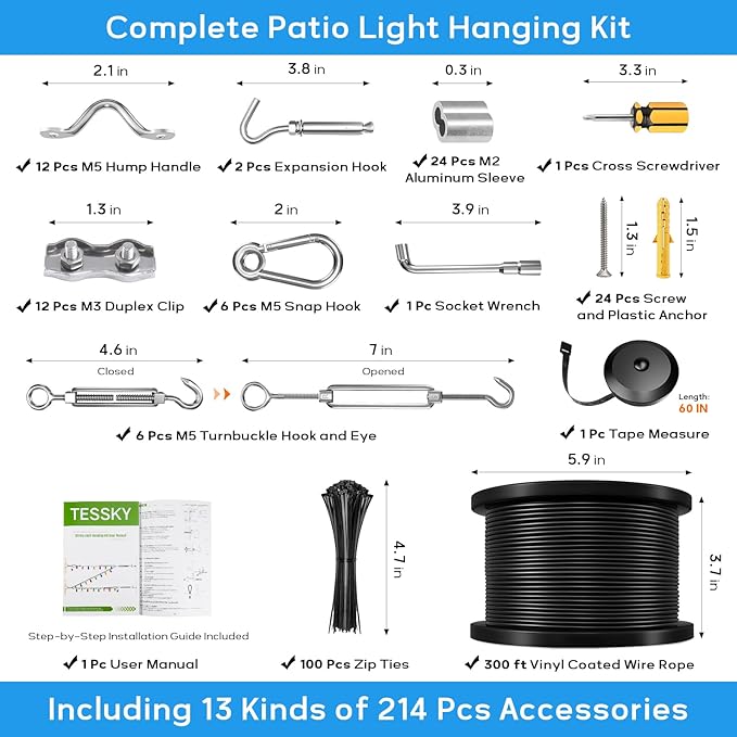 String Light Hanging Kit with Vinyl 400FT Coated Stainless Steel 304 Wire Rope Suspension Kit Included Enough Accessories with Turnbuckles and Hooks for Patio, Garden and Wedding Lighting
