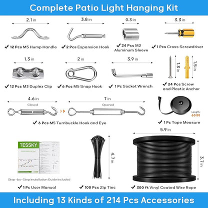 String Light Hanging Kit with Vinyl 400FT Coated Stainless Steel 304 Wire Rope Suspension Kit Included Enough Accessories with Turnbuckles and Hooks for Patio, Garden and Wedding Lighting