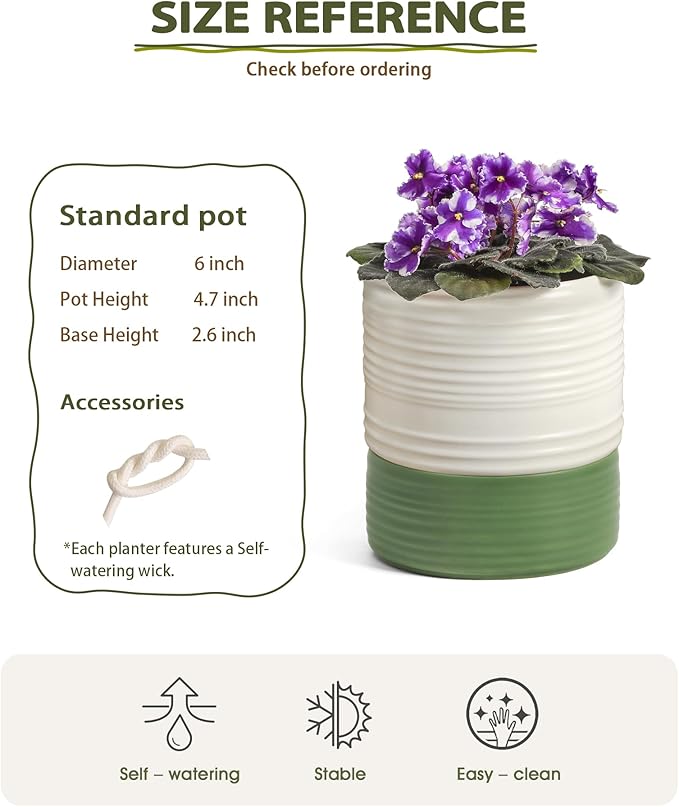 Self Watering Pots for Indoor Plants, 6 Inch Ceramic Self Watering Plant Pot, Planter Pot with Wick Rope and Drainage Hole for African Violet Succulent Herbs (White Matte)
