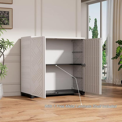 HOMSPARK Indoor/Outdoor Storage Cabinet with Doors and 1 Shelf, 34”x15”x34” HDPE Plastic Storage Box for Patio, Garden, Enterway, Balcony, Multi-Purpose for Daily Tools, White