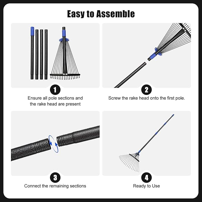 Expandable Rake for Leaves, Garden Leaf Rake for Lawns with 8-17“ Width & 65” Height - Lightweight Metal Yard Rakes for Women & Kids, for Pine Needles, Grass, Dog Poop - Easy Storage for RV & Camping