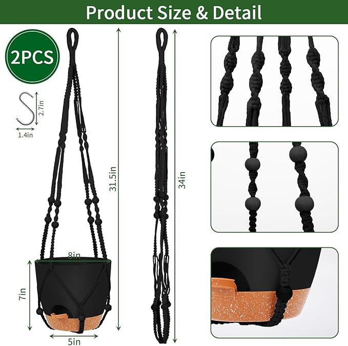 GARDIFE 8 Inch Hanging Planters with Macrame Plant Hanger for Indoor and Outdoor Plants, 2 Pack Large Self Watering Hanging Plant Pot with Basket Flower Pot with Drainage Hole, Black