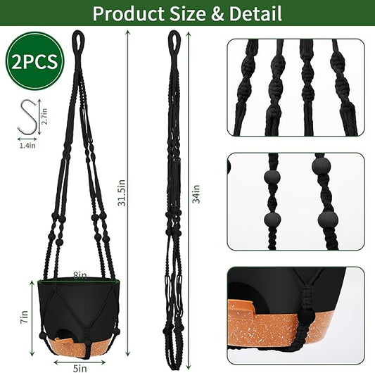 GARDIFE 8 Inch Hanging Planters with Macrame Plant Hanger for Indoor and Outdoor Plants, 2 Pack Large Self Watering Hanging Plant Pot with Basket Flower Pot with Drainage Hole, Black