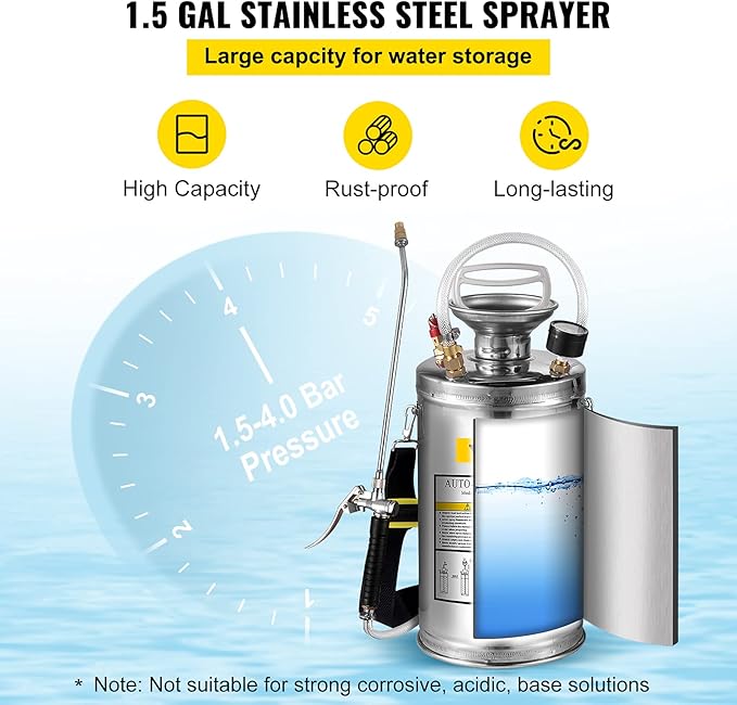 Happybuy 1.5 Gallon Stainless Steel Sprayer, 16" Wand&3.3FT Reinforced Hose, Hand Pump Sprayer with Pressure Gauge, Safety Valve&Adjustable Nozzle, Weed Sprayers for Lawn, Gardening & Sanitizing