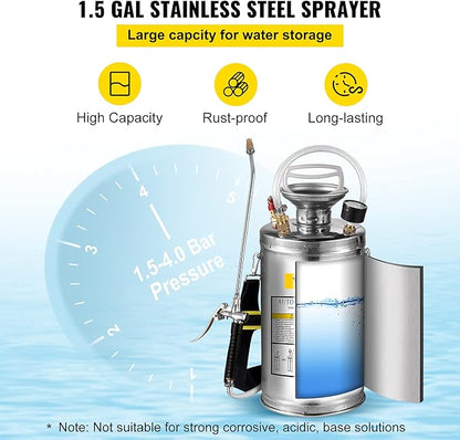 Happybuy 1.5 Gallon Stainless Steel Sprayer, 16" Wand&3.3FT Reinforced Hose, Hand Pump Sprayer with Pressure Gauge, Safety Valve&Adjustable Nozzle, Weed Sprayers for Lawn, Gardening & Sanitizing