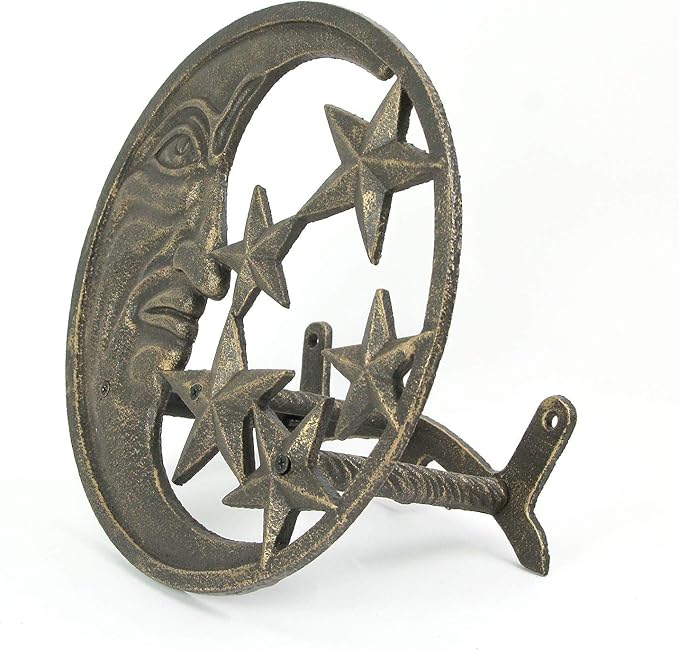 Zeckos Cast Iron Crescent Moon Face and Stars Decorative Wall Mounted Hanging Garden Hose Hanger Bronze Finish - Outdoor Hose Holder Décor - 12 Inches in Diameter