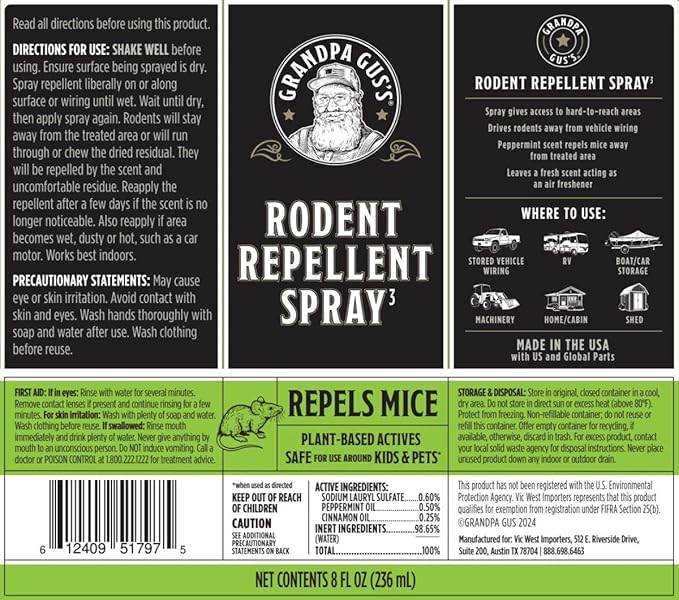 Grandpa Gus's Mouse Rodent Repellent, Peppermint & Cinnamon Oil Formula, Repels Mice & Rats from Nesting, Chewing in Homes/RV, Boat/Car, Storage & Wiring, 8 Oz RTU Spray