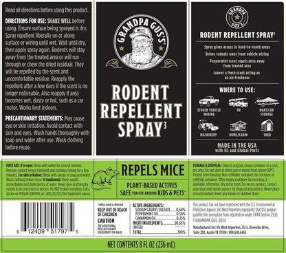 Grandpa Gus's Mouse Repellent Spray, Peppermint & Cinnamon Oil Formula, Repels Mice & Rats from Nesting, Chewing in Homes/RV, Boat/Car, Storage & Wiring, 8 fl oz (2 Bottles)