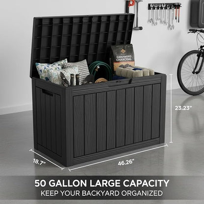 80 Gallon Resin Deck Box, Outdoor Storage Container for Patio Furniture Cushions, Garden Tools, Pool Accessories & Yard Equipment - All-Weather, Lockable, Wood Grain Design