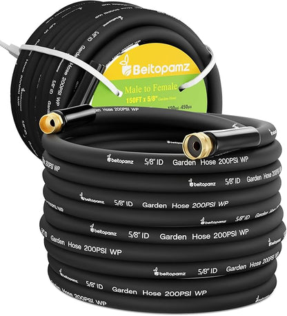 150 ft Garden Hose, 5/8 in Heavy Duty Water Hose, Flexible and Durable, Lightweight Rubber Hybrid Hose, Leak-Free Connections, Male to Female Fittings, BT150B, Black