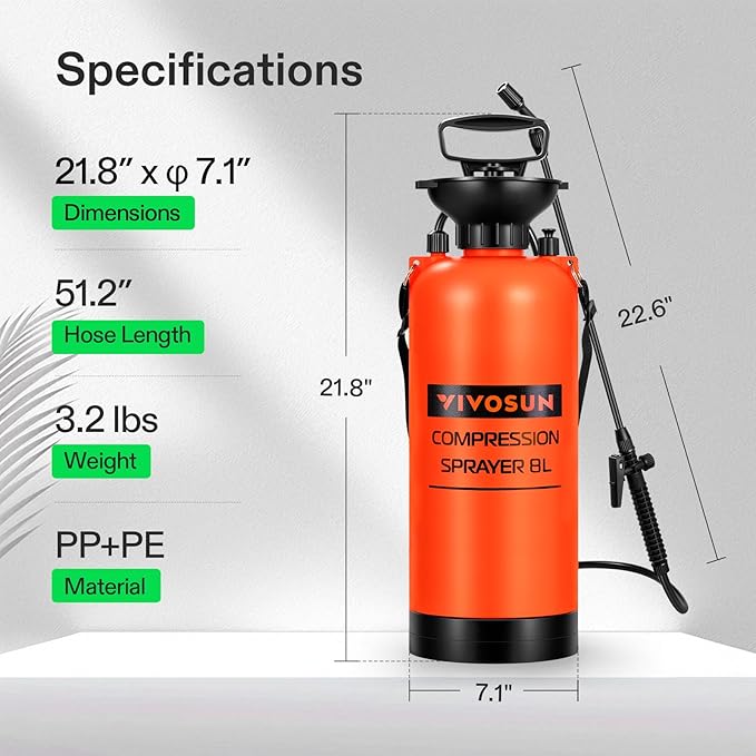 VIVOSUN Pump Sprayer 2 Gallon, Pressurized Lawn & Garden Water Spray Bottle with Adjustable Shoulder Strap, Pressure Relief Valve, for Spraying Plants, Garden Watering and Cleaning