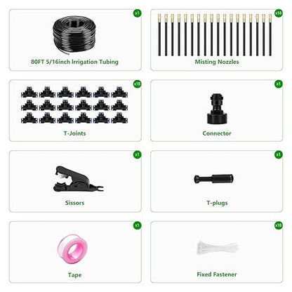 80Ft Drip Irrigation System for Garden – 360° Bendable Automatic Watering Kit with 18 Adjustable Nozzles, Misting Hose for Greenhouse, Lawn, Yard & Plants (80 FT)