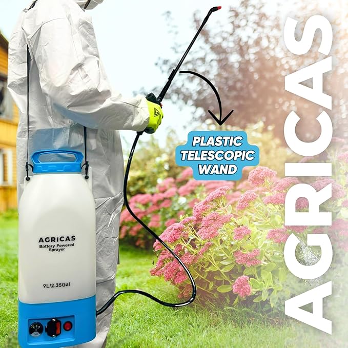 Battery Powered Sprayer 2.35 Gallon, Electric Garden Sprayer for Weed/Pest Control, 6 Nozzles, 50 PSI Pressure, Telescopic Wand, Shoulder Strap, Long-Lasting 12V Battery