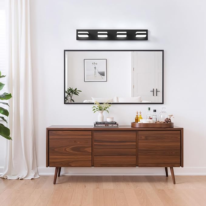 Bathroom Lighting Fixtures Over Mirror, 4 Light Bathroom Vanity Light Fixtures with Cool White 5000K, Matte Black LED Modern Vanity Wall Lights for Bath, Dressing Room, Restroom, 29.5 inch