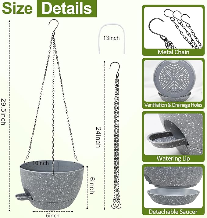 WOUSIWER Self Watering Hanging Planters, 2 Pack 10'' Plastic Pots with Drainage Holes & Reservoir Tray (Speckled Grey) | Indoor & Outdoor Use for Ferns, Ivy, Herbs, Succulents