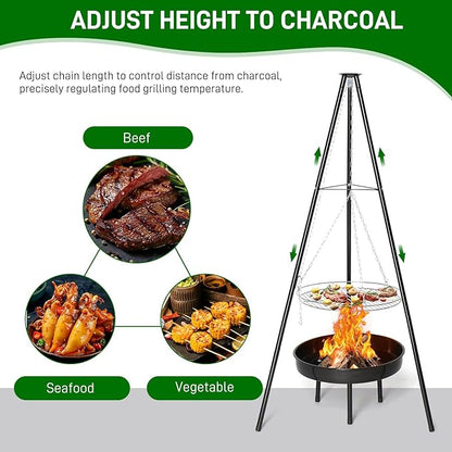 Outvita Campfire Tripod Grill, Adjustable Height BBQ Grill Grate with Fire Bowl for Outdoor Camping BBQ, Black