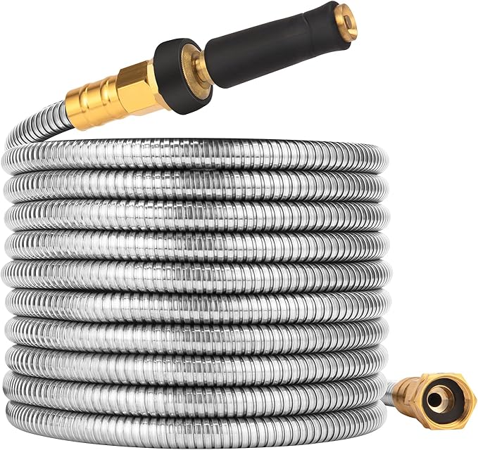 Expandable Metal Garden Hose 50 FT - 304 Stainless Steel Water Hose 50 FT - Lightweight non Kinking Flexible Garden Hose, no Bite