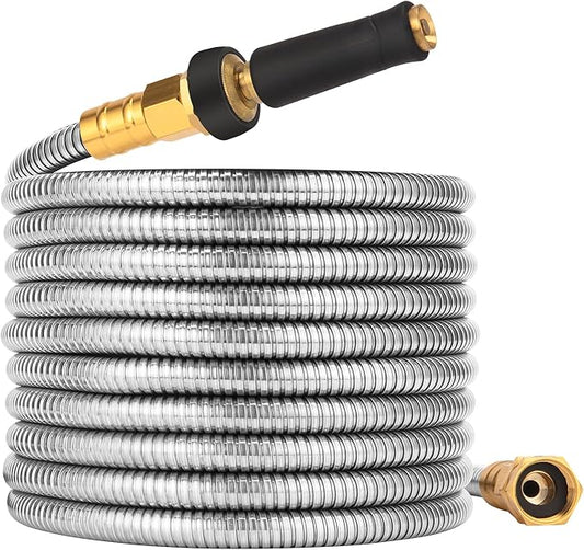 Expandable Metal Garden Hose 50 FT - 304 Stainless Steel Water Hose 50 FT - Lightweight non Kinking Flexible Garden Hose, no Bite