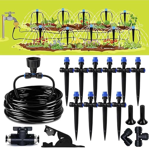 32.8FT Quick-Connect Drip Irrigation Kit, Garden Watering System DIY Automatic Irrigation Equipment Set for Lawn Raised Bed Greenhouse Plant Watering with 1/4'' Tubing, Drip Emitters, Connectors