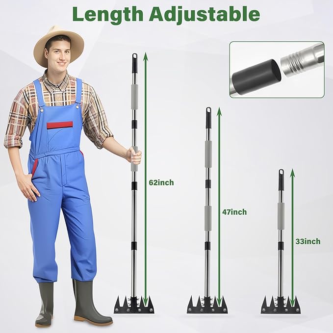 Weeding Rake Tool, Garden Weed Puller with Detachable Long Handle, 62 Inch Heavy Duty Hand Weed Remover Tool for Lawn, Yard, Atio and Backyard (5 Tines)