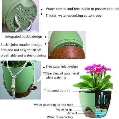Hanging Planters with Macrame Plant Hangers for Indoor Outdoor Plants,3 Set Hanging Baskets Flower Pots Holders 35‘’/27‘’/21‘’,Self-Watering Pots 7‘’/6‘’/5.5‘’,Boho Home Decor (Green)