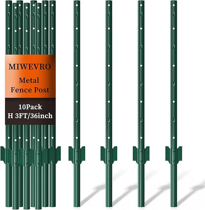 10 Pack Garden Fence Post, 3 Feet Heavy Duty Metal U-Post for Wire Fence, No Dig Garden Fence Stakes for Temporary Fencing, Electric Fence Wire, Corner Anchor, and More-Green