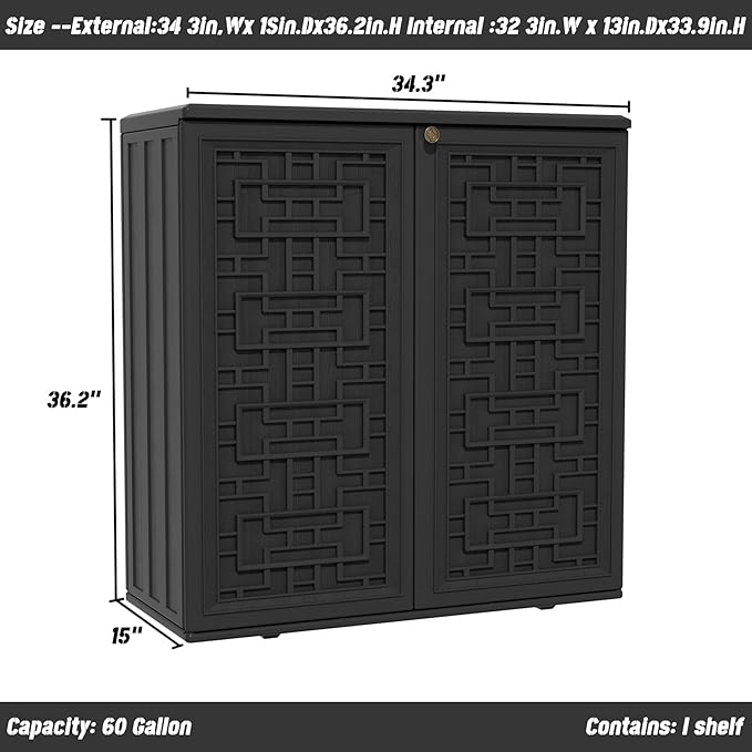 Outdoor Storage Cabinet Waterproof with Shelf,Resin Storage Sheds Outdoor Cabinets for tub towels/chemicals/grill items/Patio/Garden/Backyard, Size 34.3''L*15''W*36.2''H（Black）