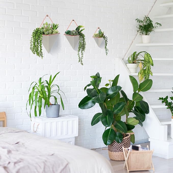 Rtteri 15 Pcs Hanging Wall Planter with Artificial Succulents Plants Indoor Decor, Faux Wall Planter with Geometric Vase Pot (8.2/5.9/4 Inch Size) Art for Home Bedroom Room