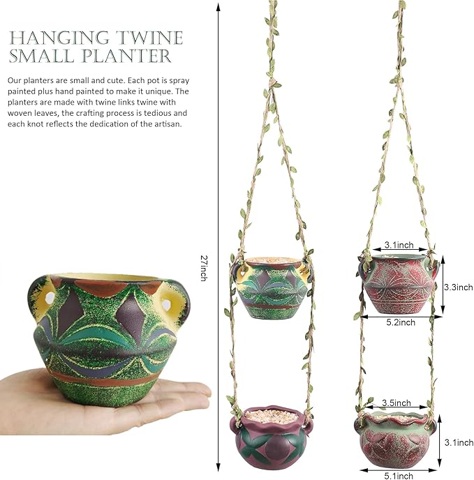 4 Piece Boho Ceramic Hanging Planters with Drainage Holes – Adorable Indoor Outdoor Succulent Flower Pots, Unique Home Décor, Charming Small Planters for Plants