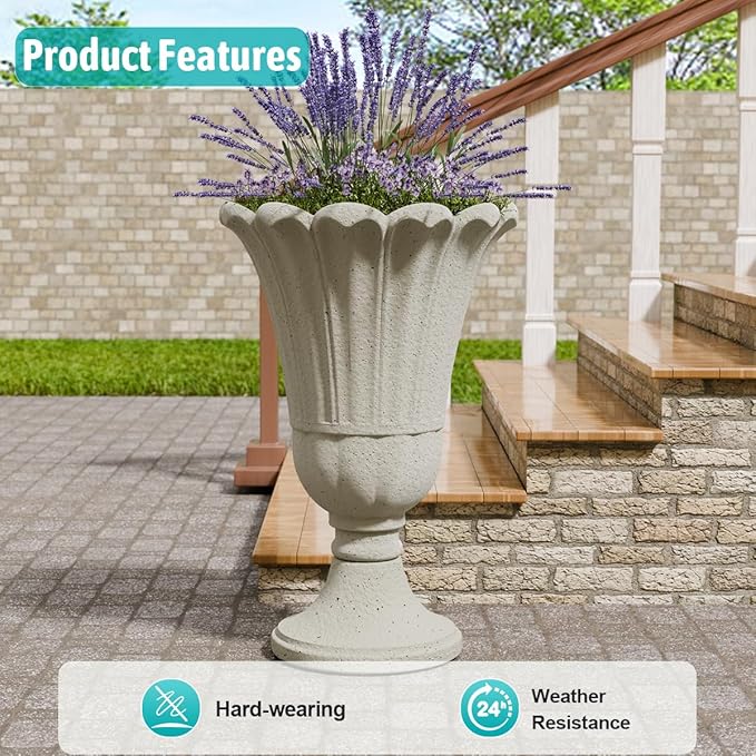 Tall Plastic Urn Planters for Outdoor Plants Set of 2-23.6" H Classic Petal Design Indoor Large Flower Pots with Drainage Holes, Outdoor Planters for Porch Decor/Garden Vase, Beige/Off White