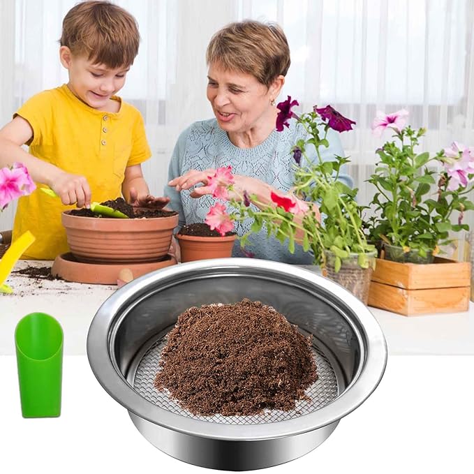 3PCS Interchangeable Mesh Soil Sifter for Gardening - 3/6/9mm Stainless Steel Stackable Sieve with Soil Scoop, Ideal for Dirt Sand Rock Compost Filtration