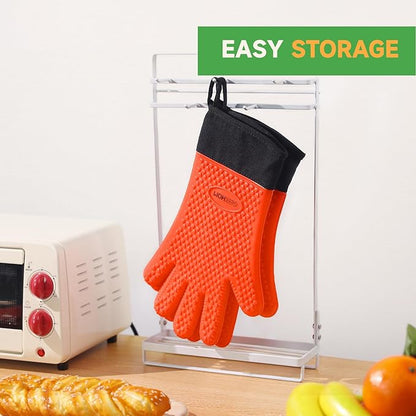 GEEKHOM BBQ Gloves Heat Resistant Oven Mitts - Silicone Grilling Gloves with 14" Long Arm Protection - Waterproof Pot Holder Non-Slip for Men & Women, Kitchen Cooking, Baking, Camping, Orange
